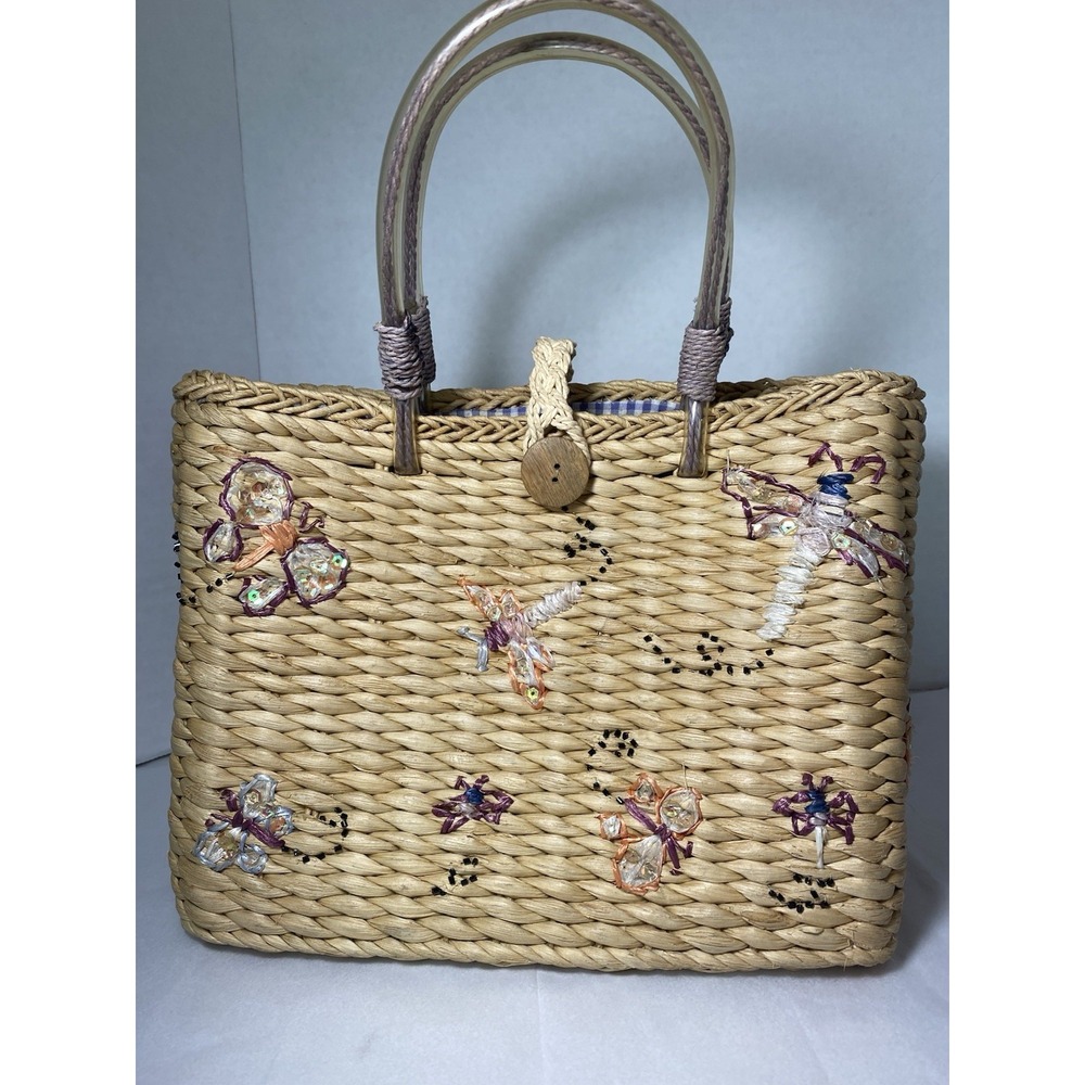 Vintage Wicker Handbag With Sequins Dragonflies